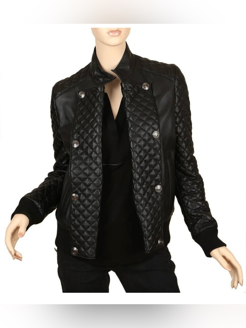 NEW PIERRE BALMAIN BLACK QUILTED LAMBSKIN LEATHER BIKER BOMBER JACKET 40/8